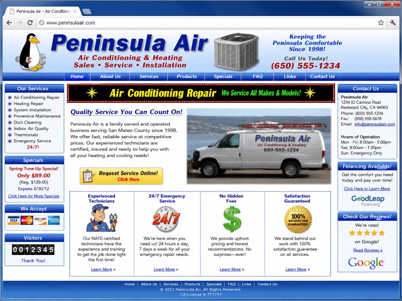Dated desktop-era HVAC website with cluttered layout and tiny text