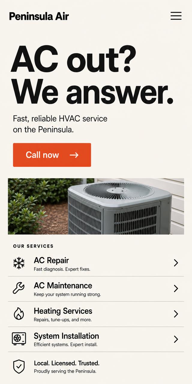 Sample mobile homepage for a fictional HVAC shop with a large call button